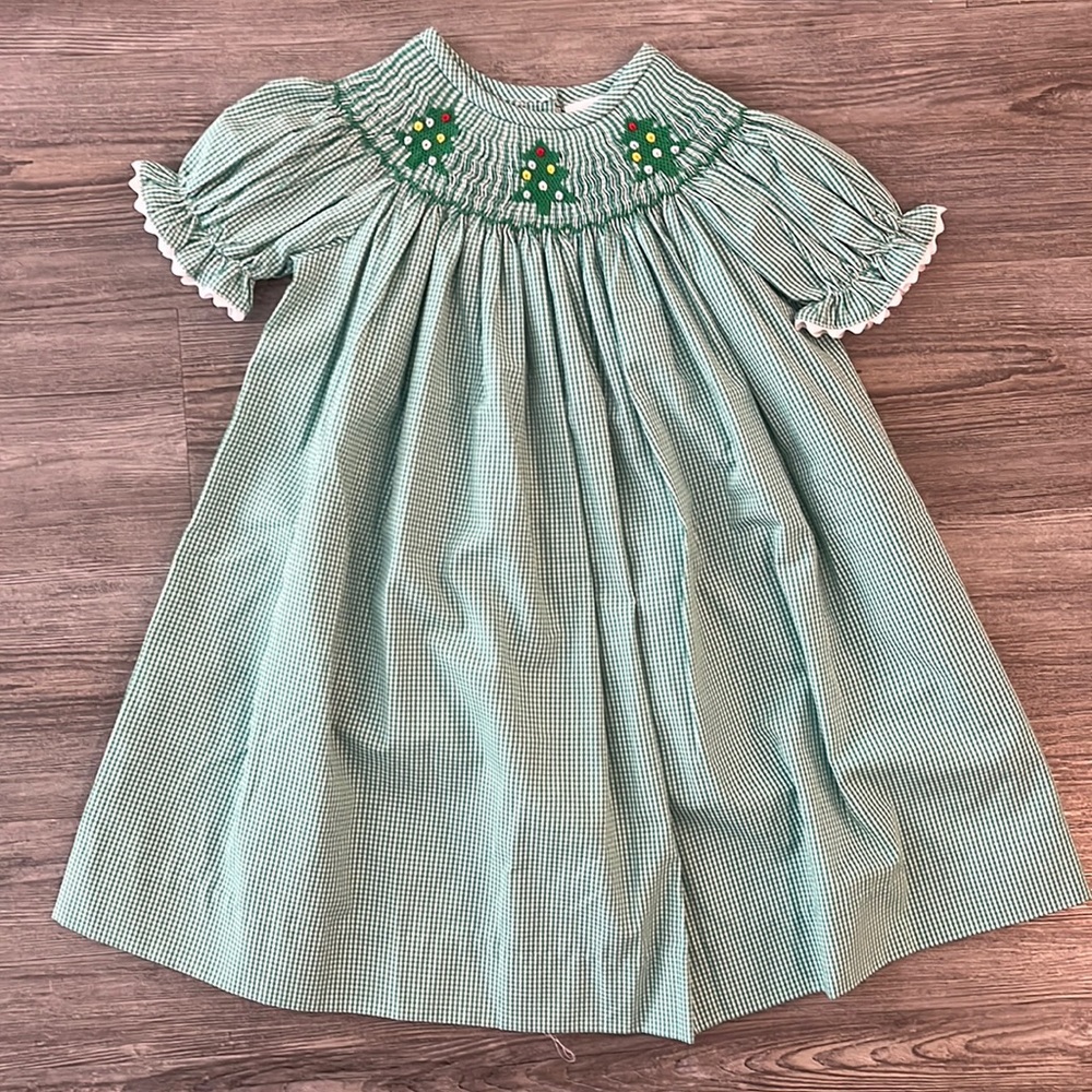 StitchyFish Christmas Tree Trio Smocked Dress, Green Gingham - NWT